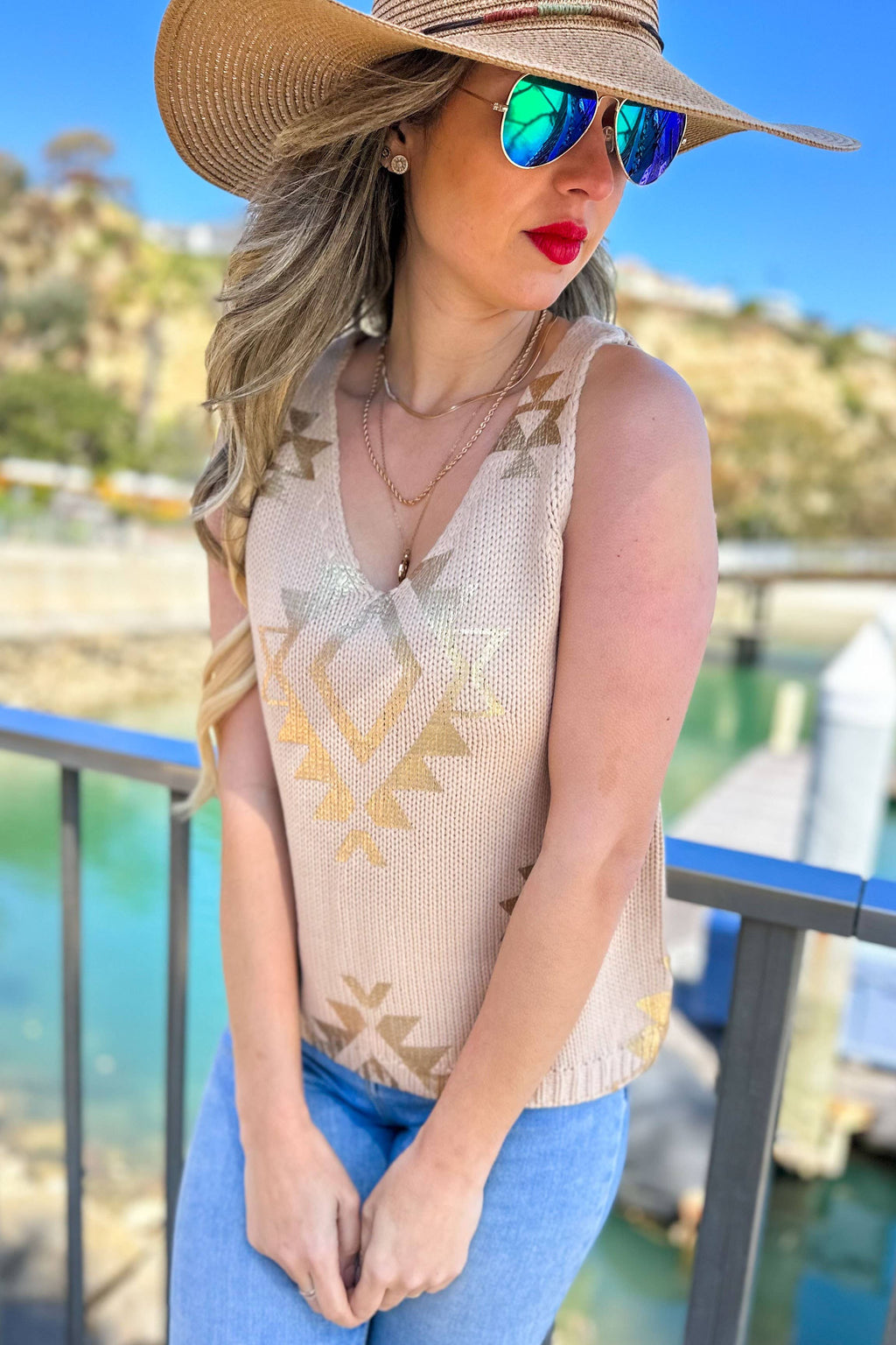 Lt.Taupe Gold Aztec Printed V neck Sleeveless Knitted Top