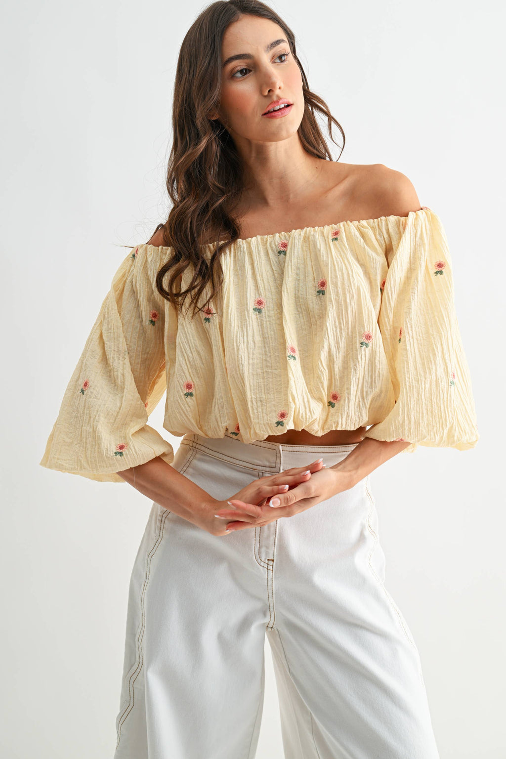 Off-Shoulder Floral Embroidered Blouse