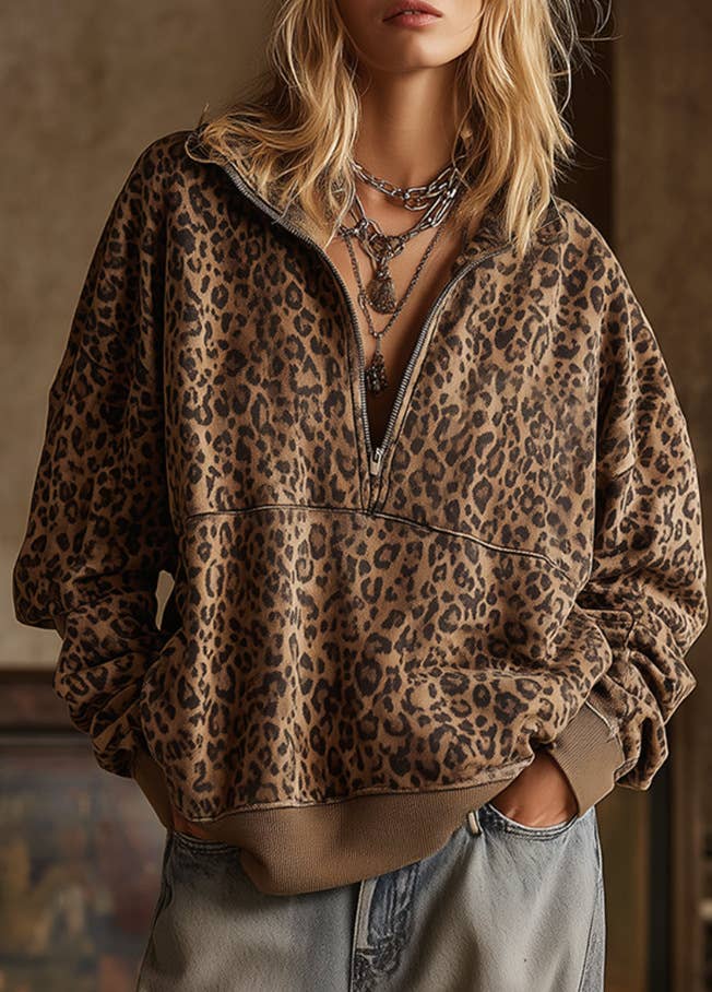 Women's Leopard Print Half Zip Pullover Sweatshirt