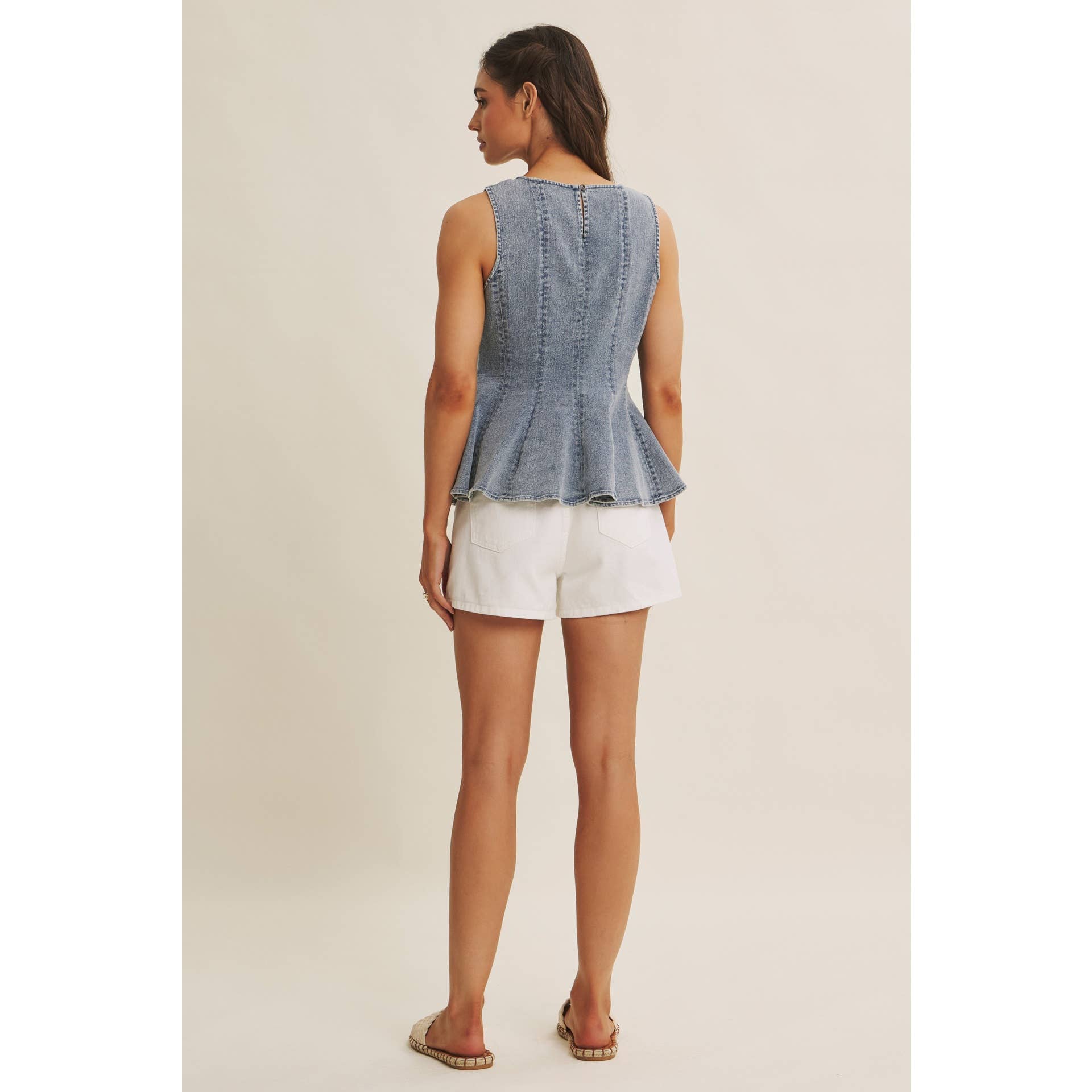 SUNLIT COAST MINERAL-WASHED STRETCH DENIM PEPLUM TOP