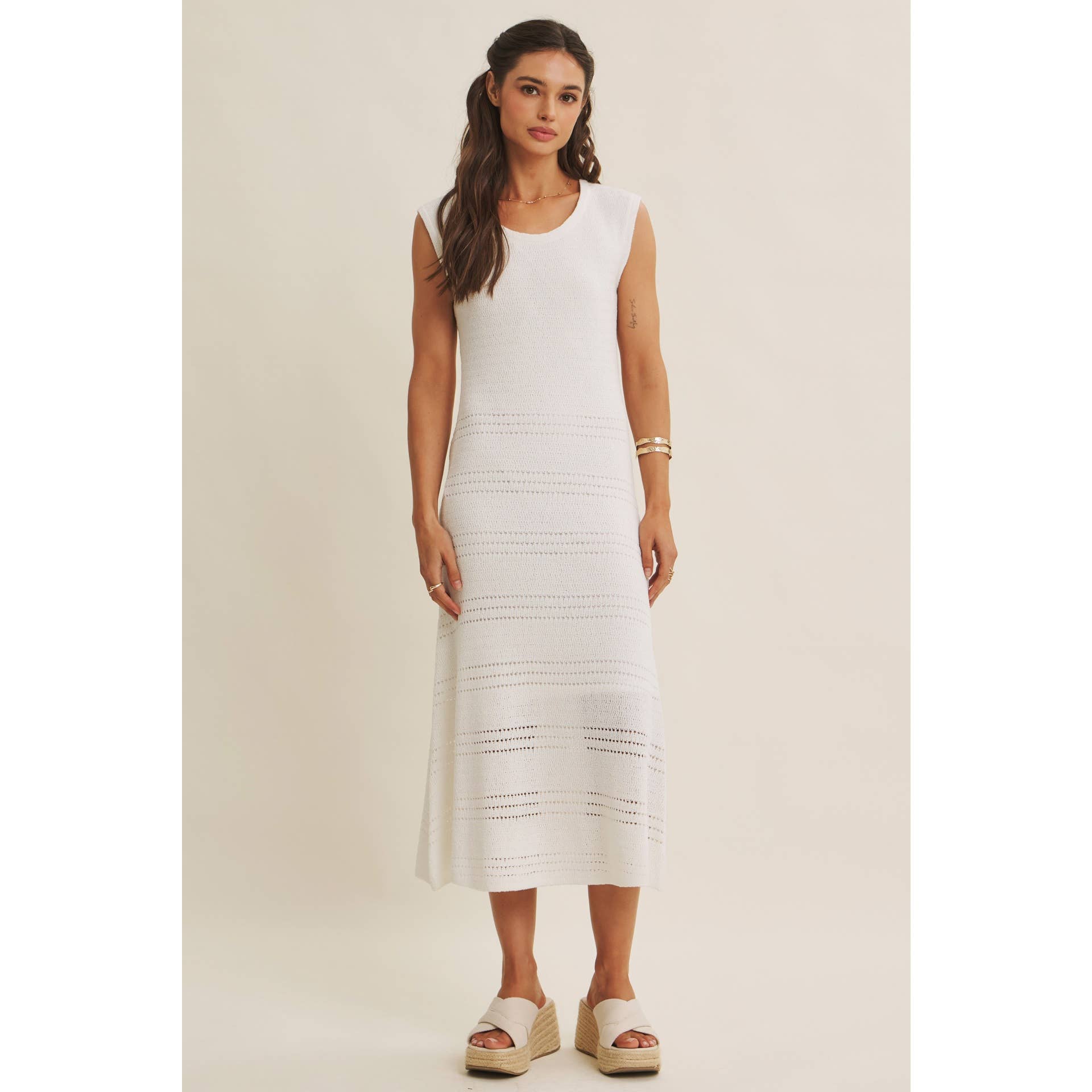 MINIMAL MUSE DROP SHOULDER FITTED TEXTURED KNIT MIDI DRESS