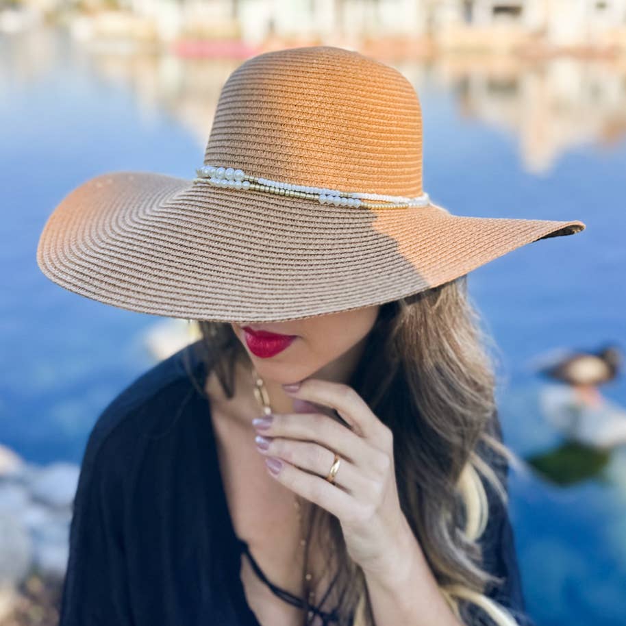 Tan Summer Straw Floppy Beach Hat with Pearl Trim