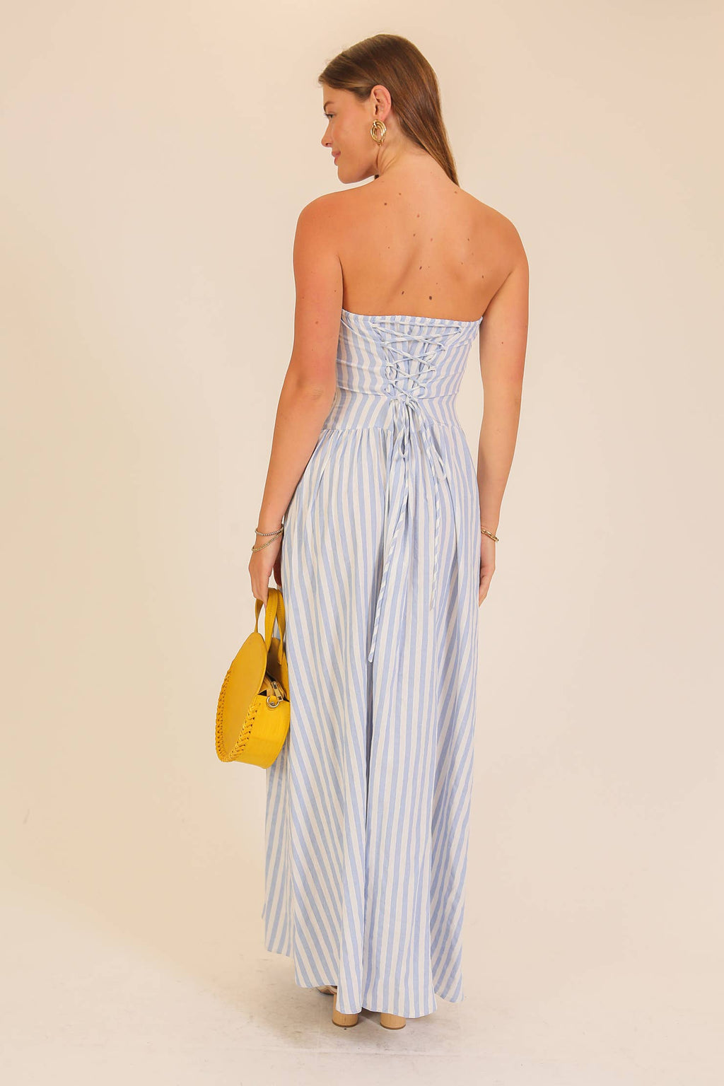 Striped Strapless Side Slit Maxi Dress