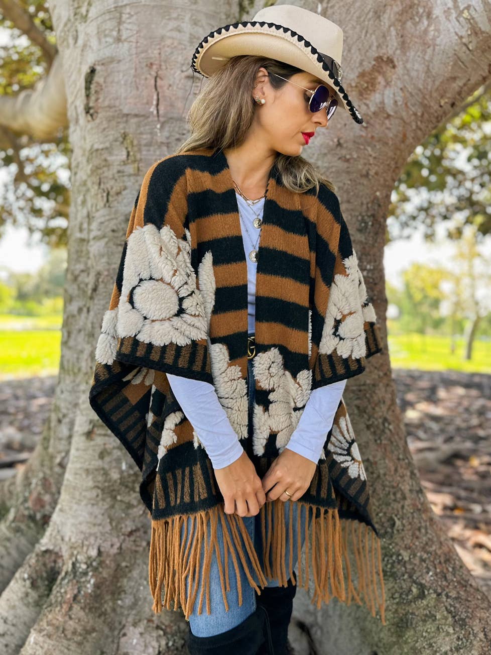 Brown Western Boho 3D Floral Stripe Fringe Ruana Cardigan