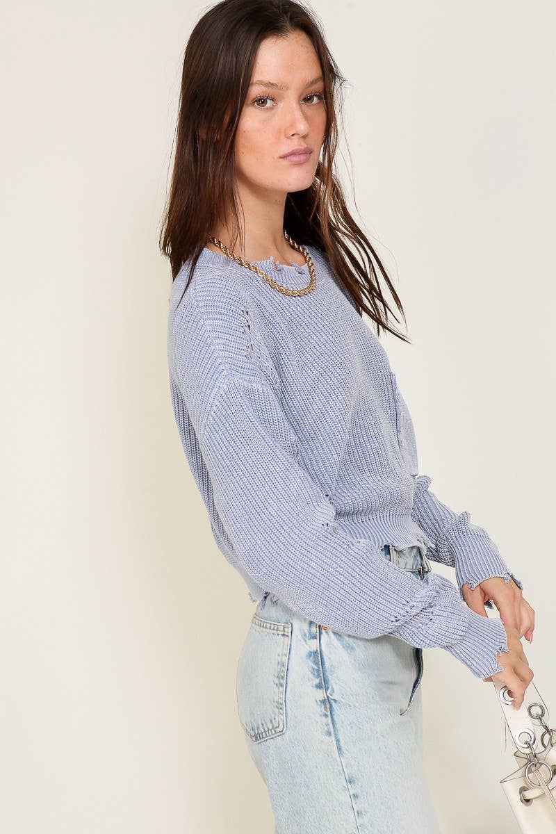 Cropped Mineral Wash Distressed Sweater