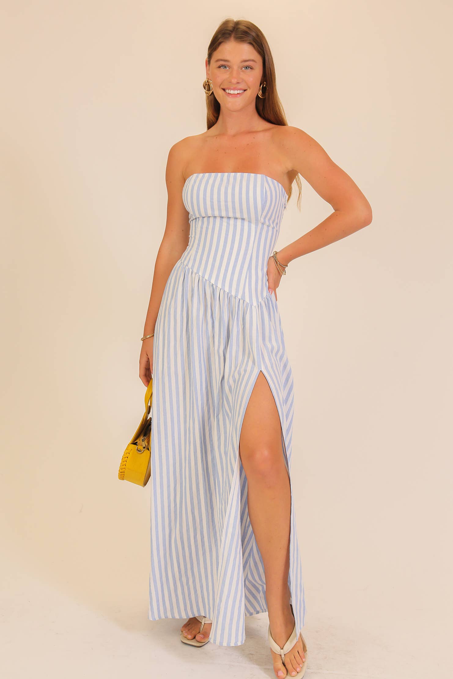 Striped Strapless Side Slit Maxi Dress