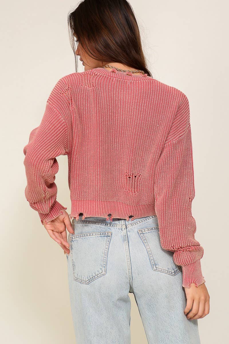 Cropped Mineral Wash Distressed Sweater