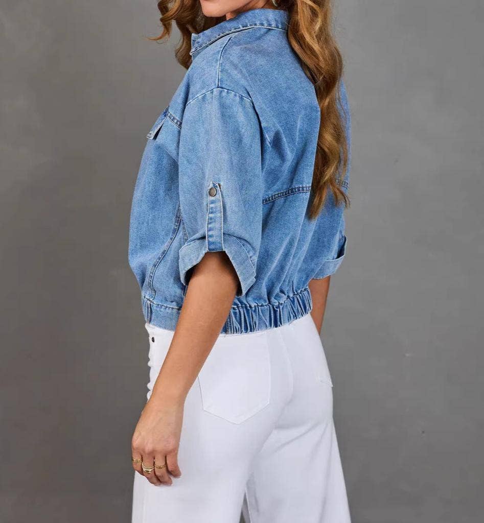 Cropped Denim Shirt with Roll Tab Sleeves
