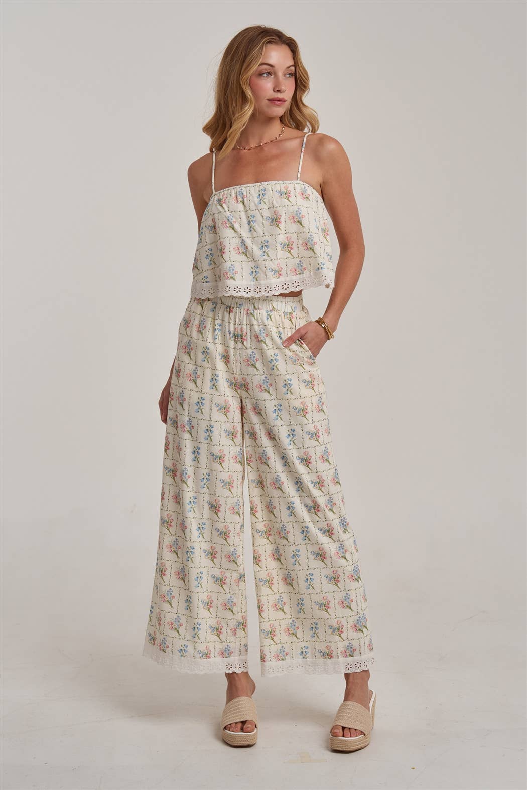 FLORAL CROPPED CAMI TOP AND WIDE LEG PANTS SUMMER SET