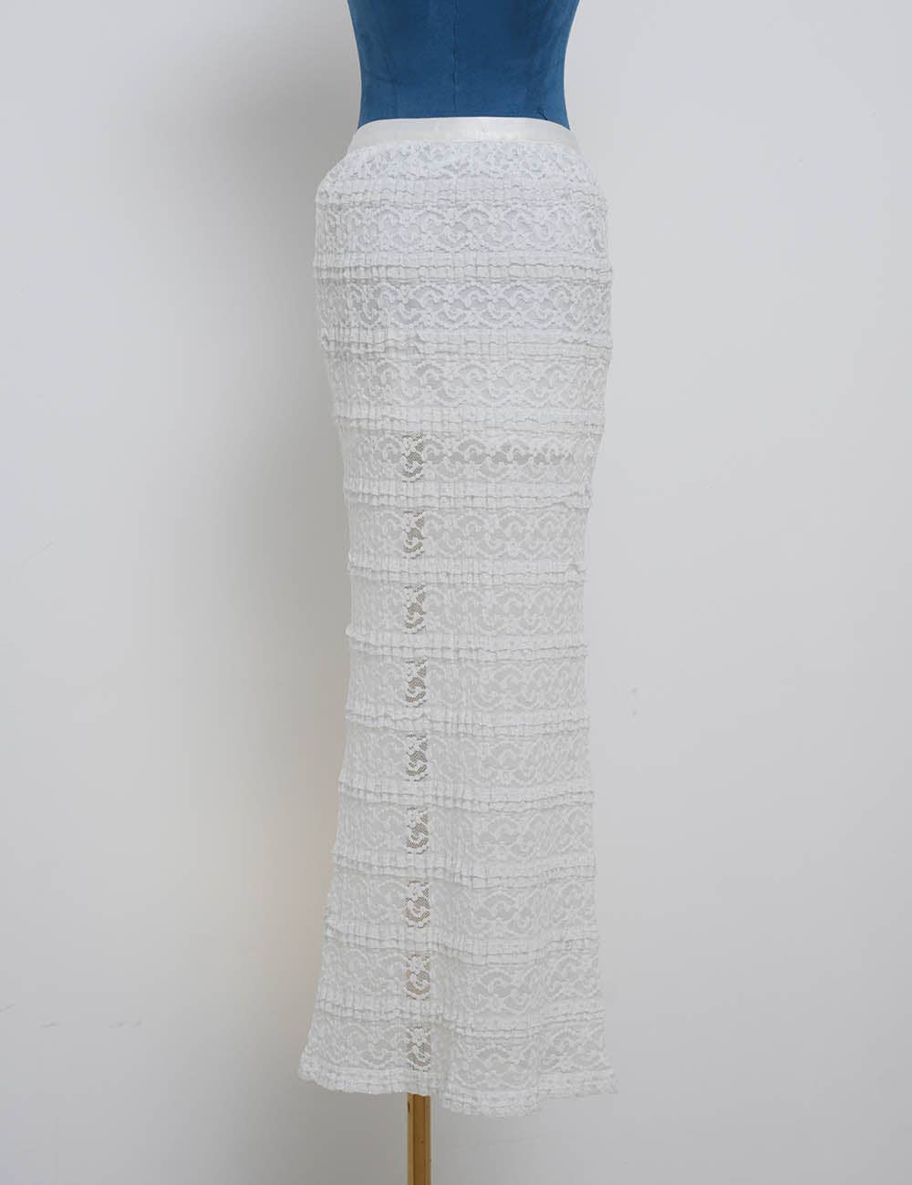 Ladies Tiered Ruffle Metallic Thread Trim Sheer Lace Maxi Skirt