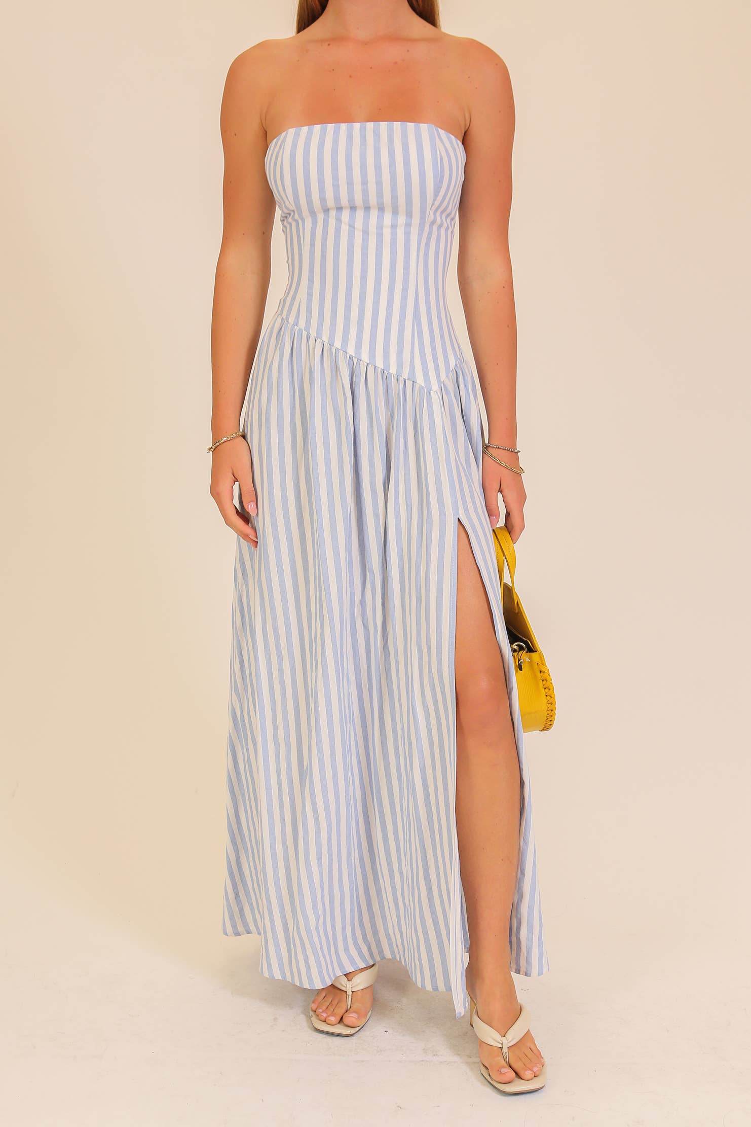 Striped Strapless Side Slit Maxi Dress
