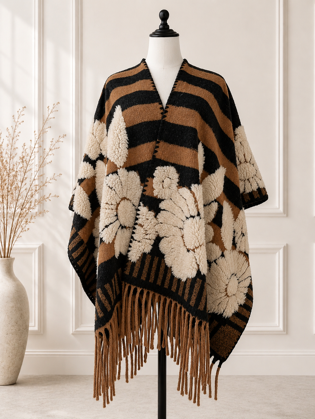 Brown Western Boho 3D Floral Stripe Fringe Ruana Cardigan