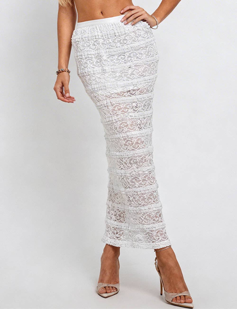 Ladies Tiered Ruffle Metallic Thread Trim Sheer Lace Maxi Skirt