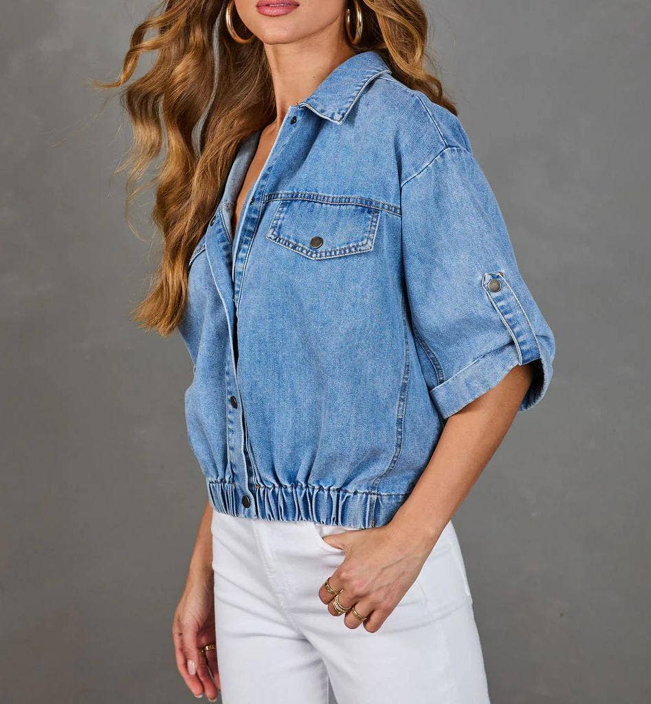 Cropped Denim Shirt with Roll Tab Sleeves