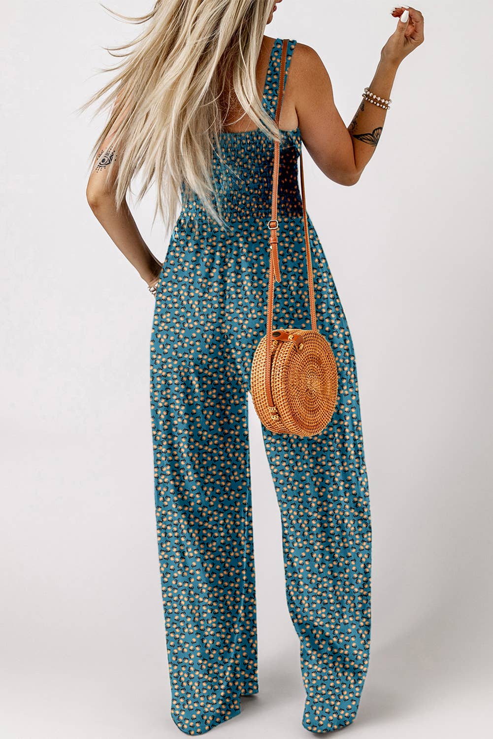 Spring Floral Print Smocked High Waist Square Neck Jumpsuit