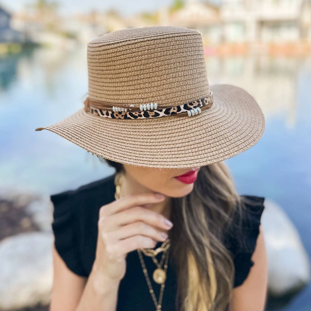 Tan Summer Straw Chic Boater Hat with Leopard Beaded Band