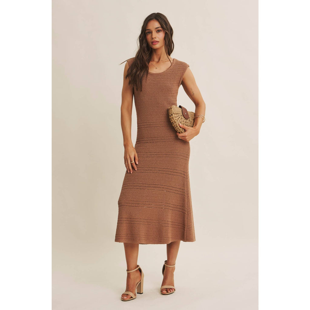 MINIMAL MUSE DROP SHOULDER FITTED TEXTURED KNIT MIDI DRESS