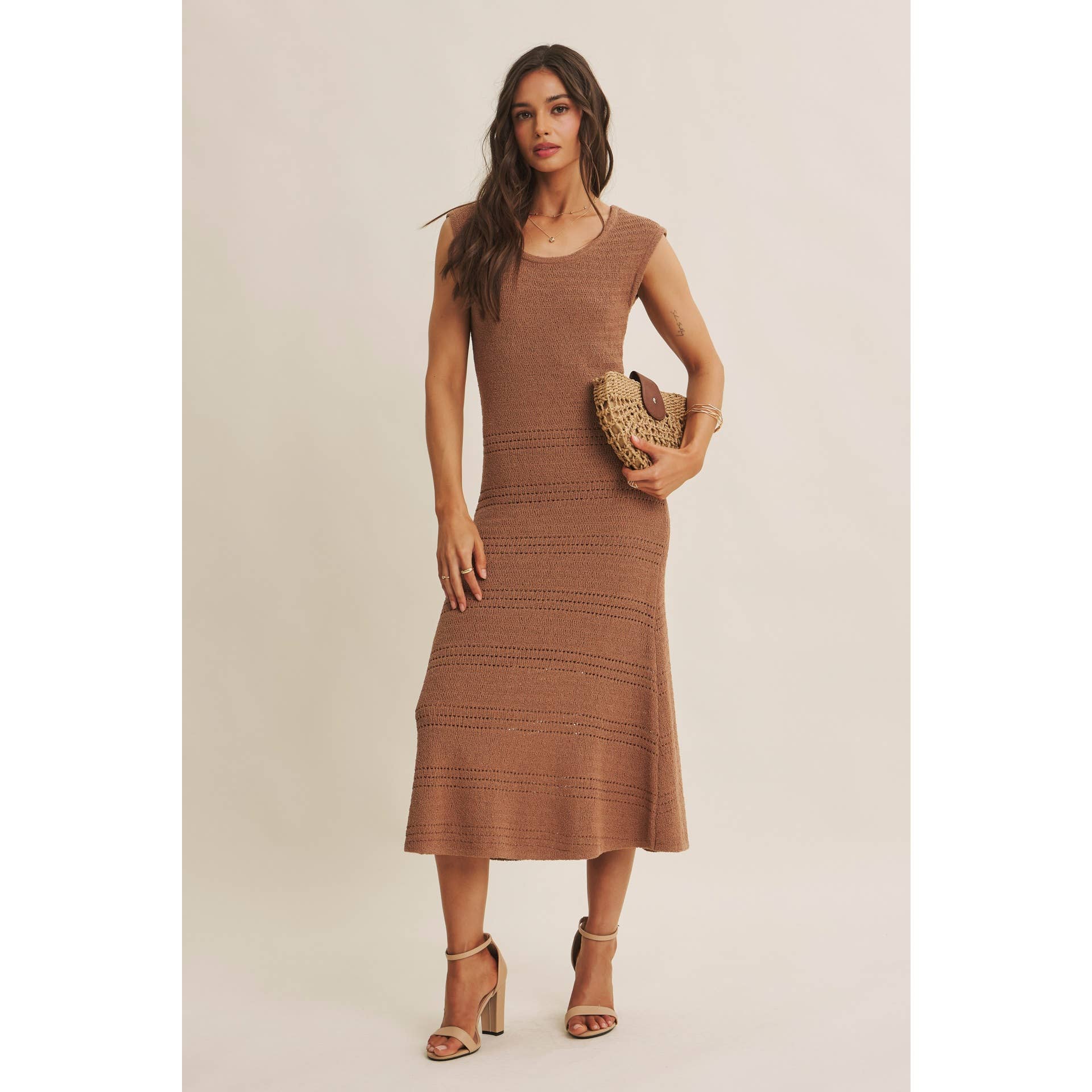 MINIMAL MUSE DROP SHOULDER FITTED TEXTURED KNIT MIDI DRESS