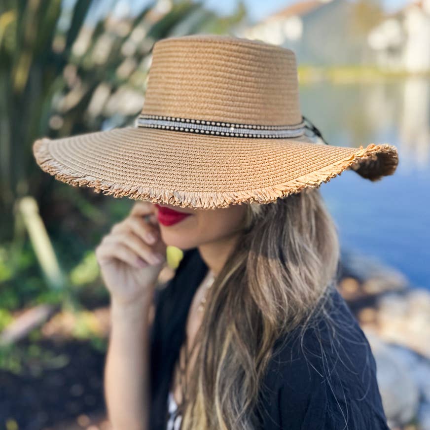Crown Straw Floppy Hat Tan Frayed Brim with Rhinestone Band