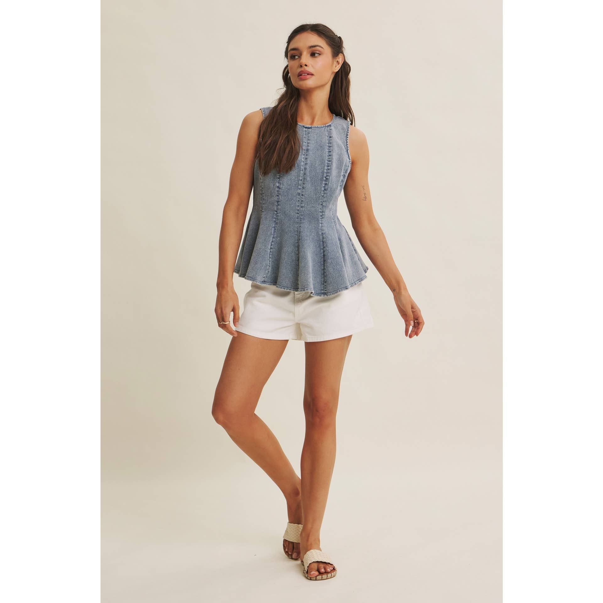 SUNLIT COAST MINERAL-WASHED STRETCH DENIM PEPLUM TOP