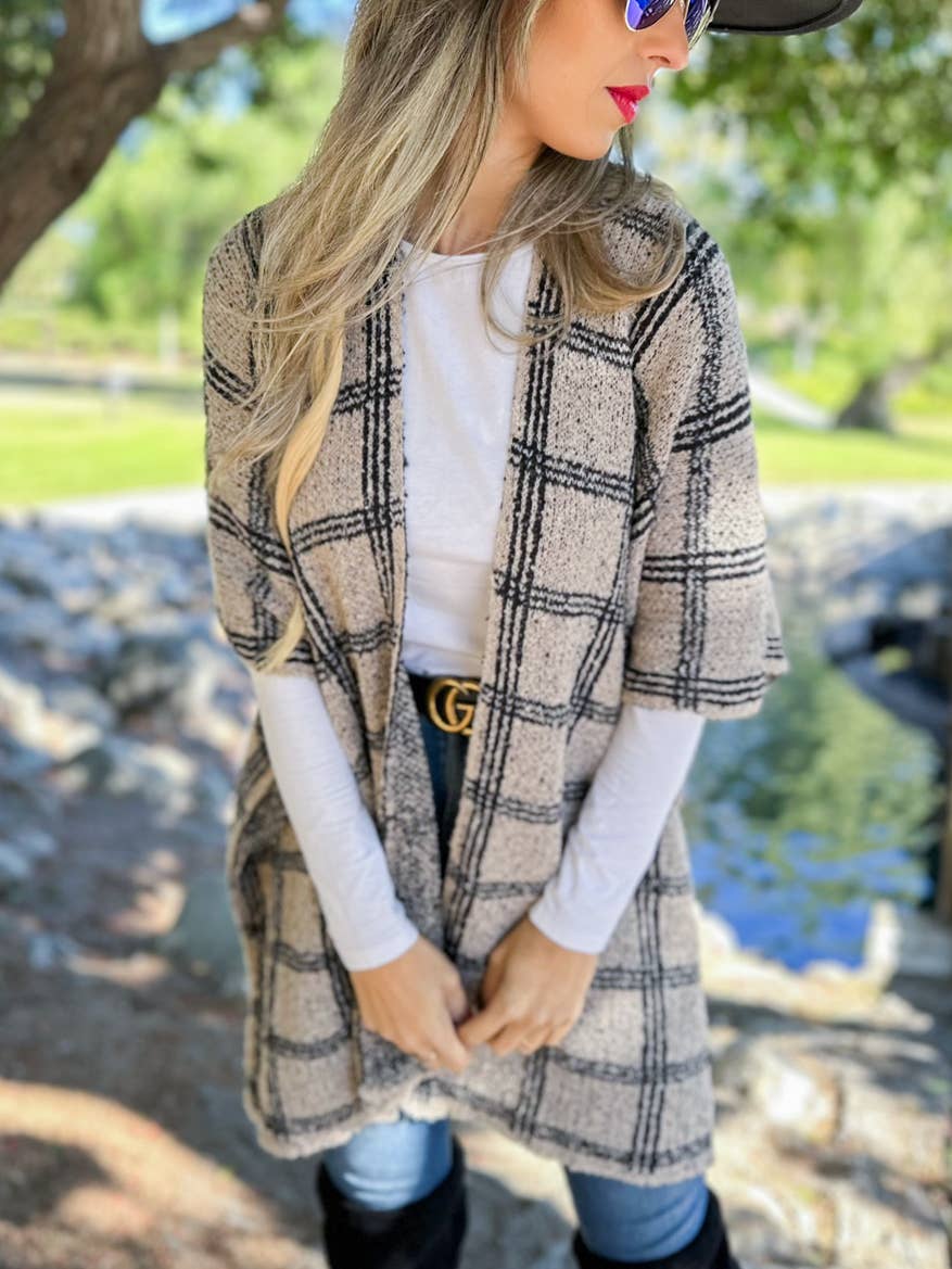 Chic Oatmeal Plaid Knitted Ruana Cardigan