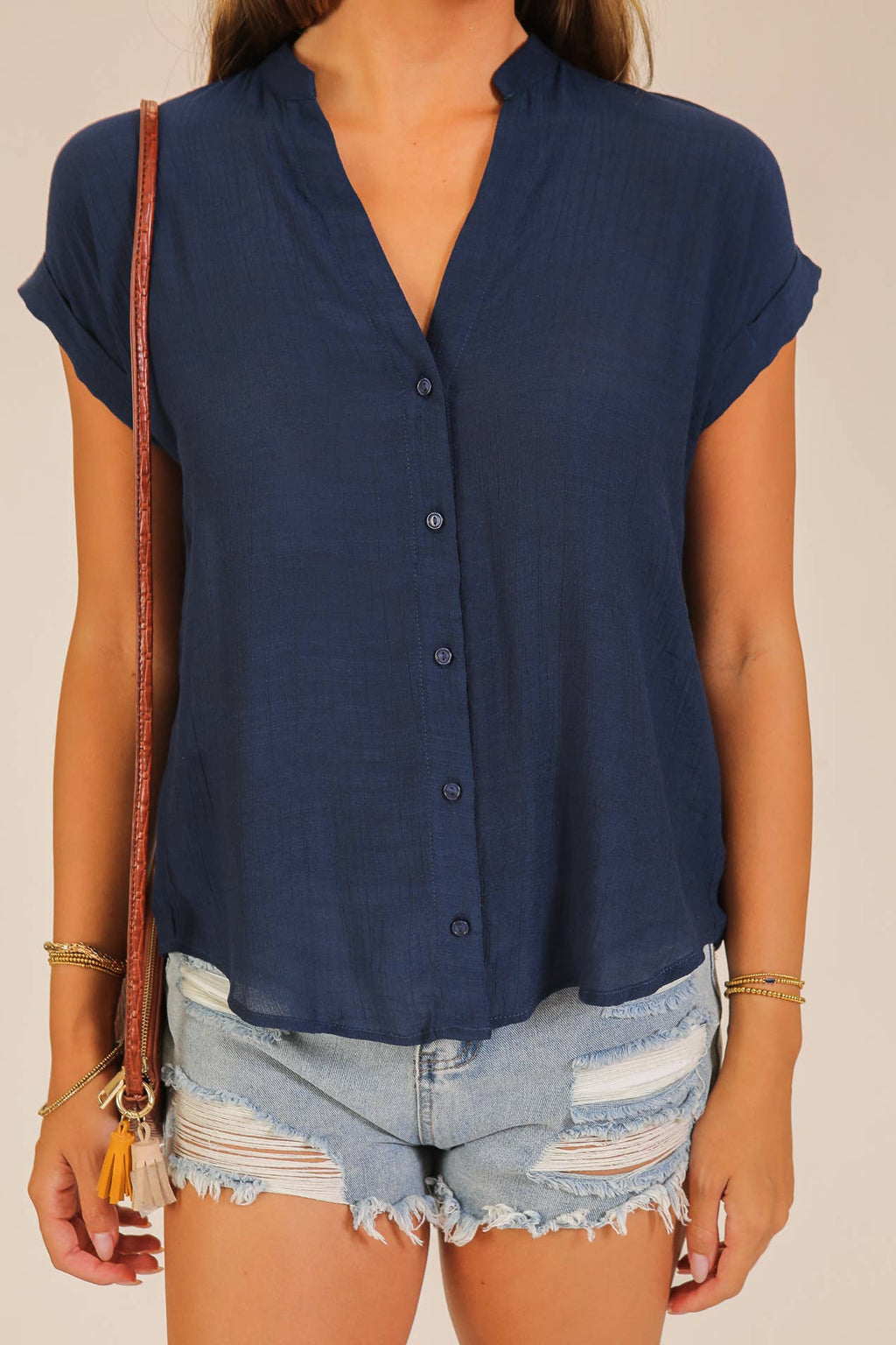 Textured Gauze Button-Front Blouse