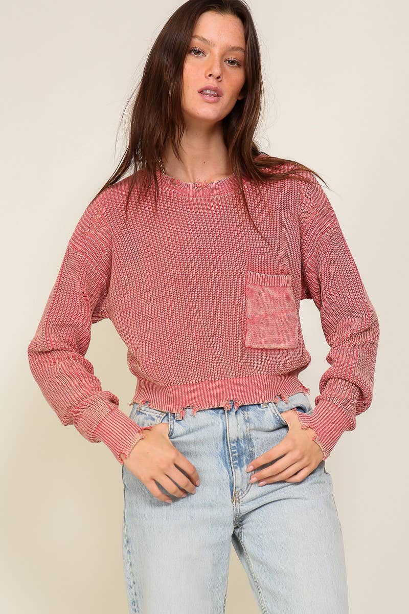 Cropped Mineral Wash Distressed Sweater