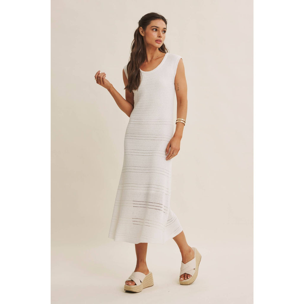 MINIMAL MUSE DROP SHOULDER FITTED TEXTURED KNIT MIDI DRESS