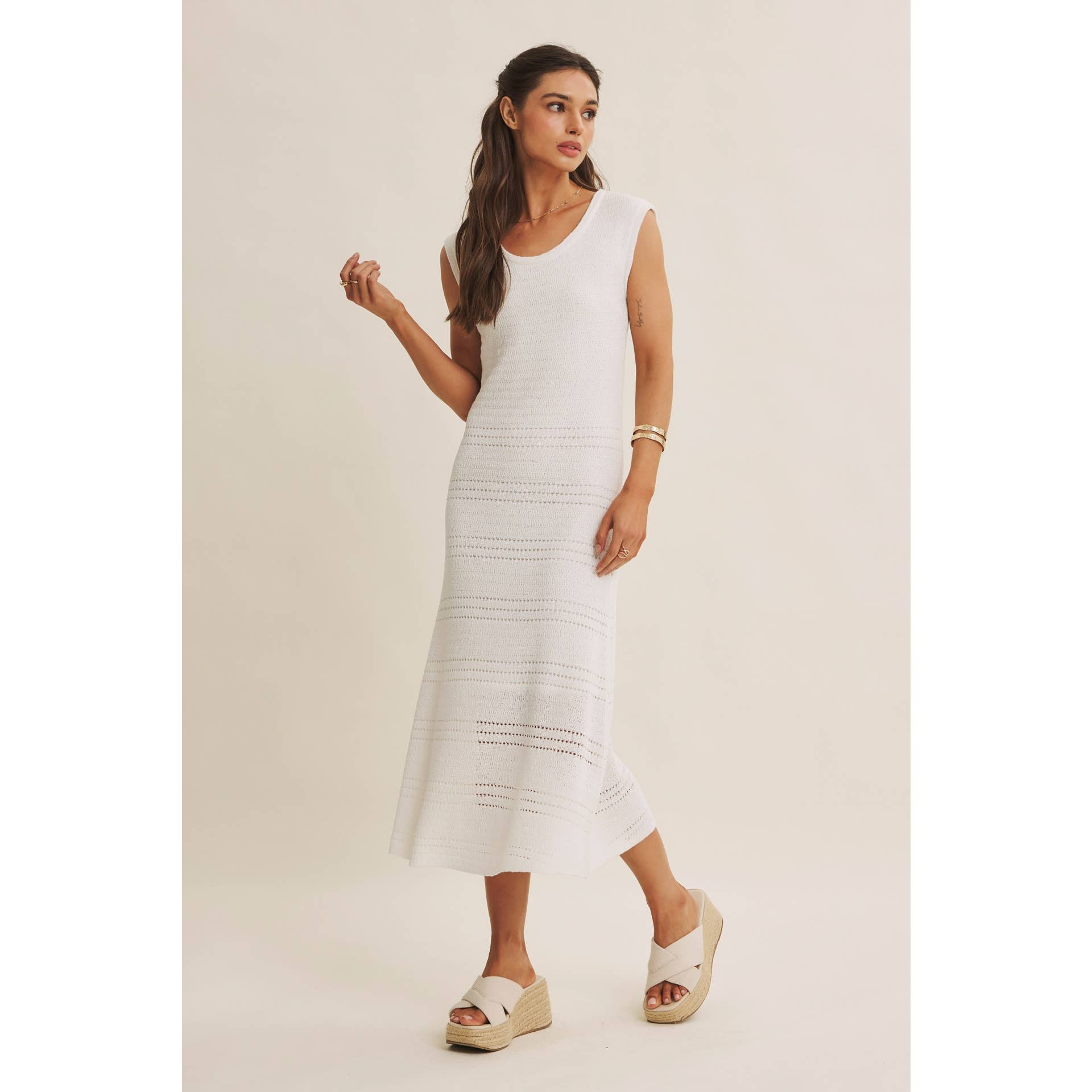 MINIMAL MUSE DROP SHOULDER FITTED TEXTURED KNIT MIDI DRESS
