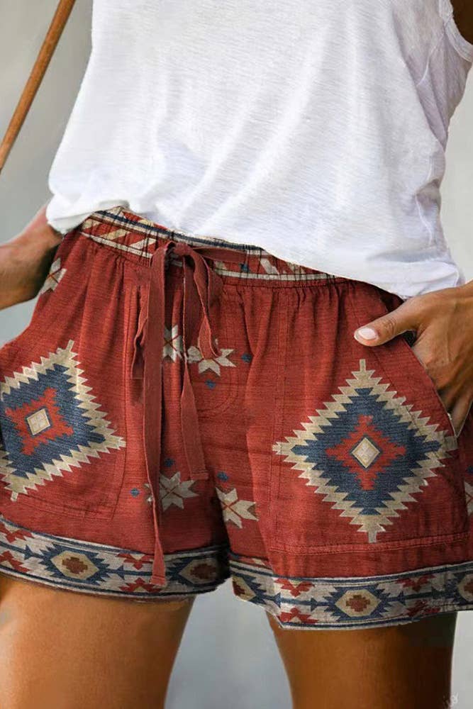 Western Aztec Print Drawstring Shorts - Size Chart Available