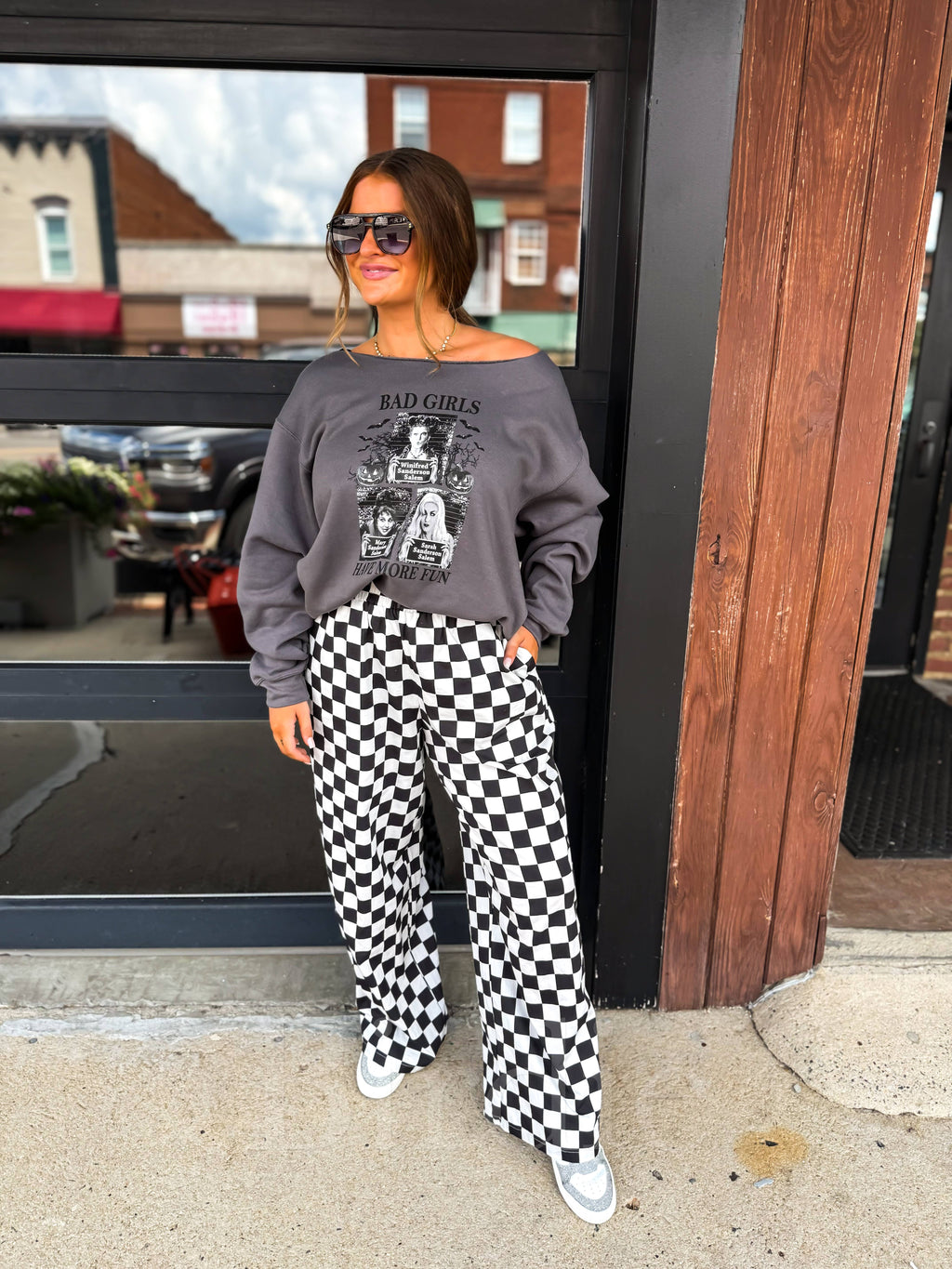 Bad Girls Have More Fun Off Shoulder Charcoal Graphic Crew