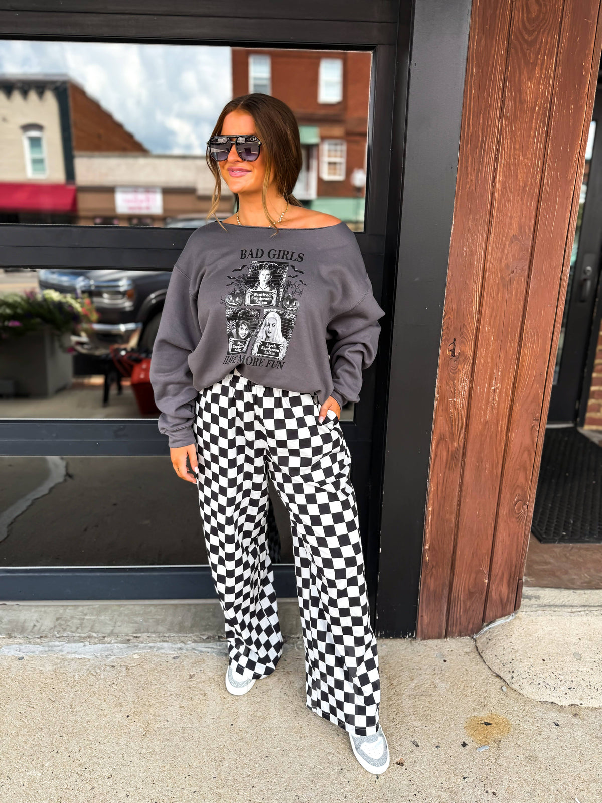 Bad Girls Have More Fun Off Shoulder Charcoal Graphic Crew