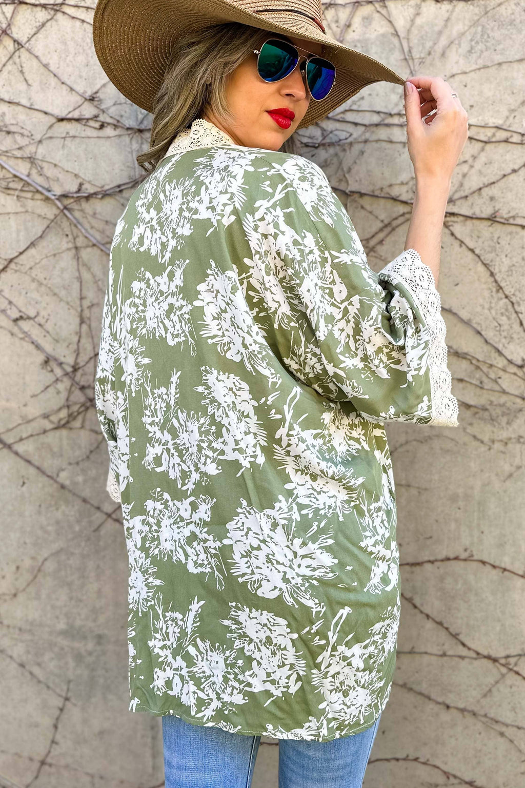 Olive Floral Print Lace Detail 3/4 Sleeve Kimono Cardigan