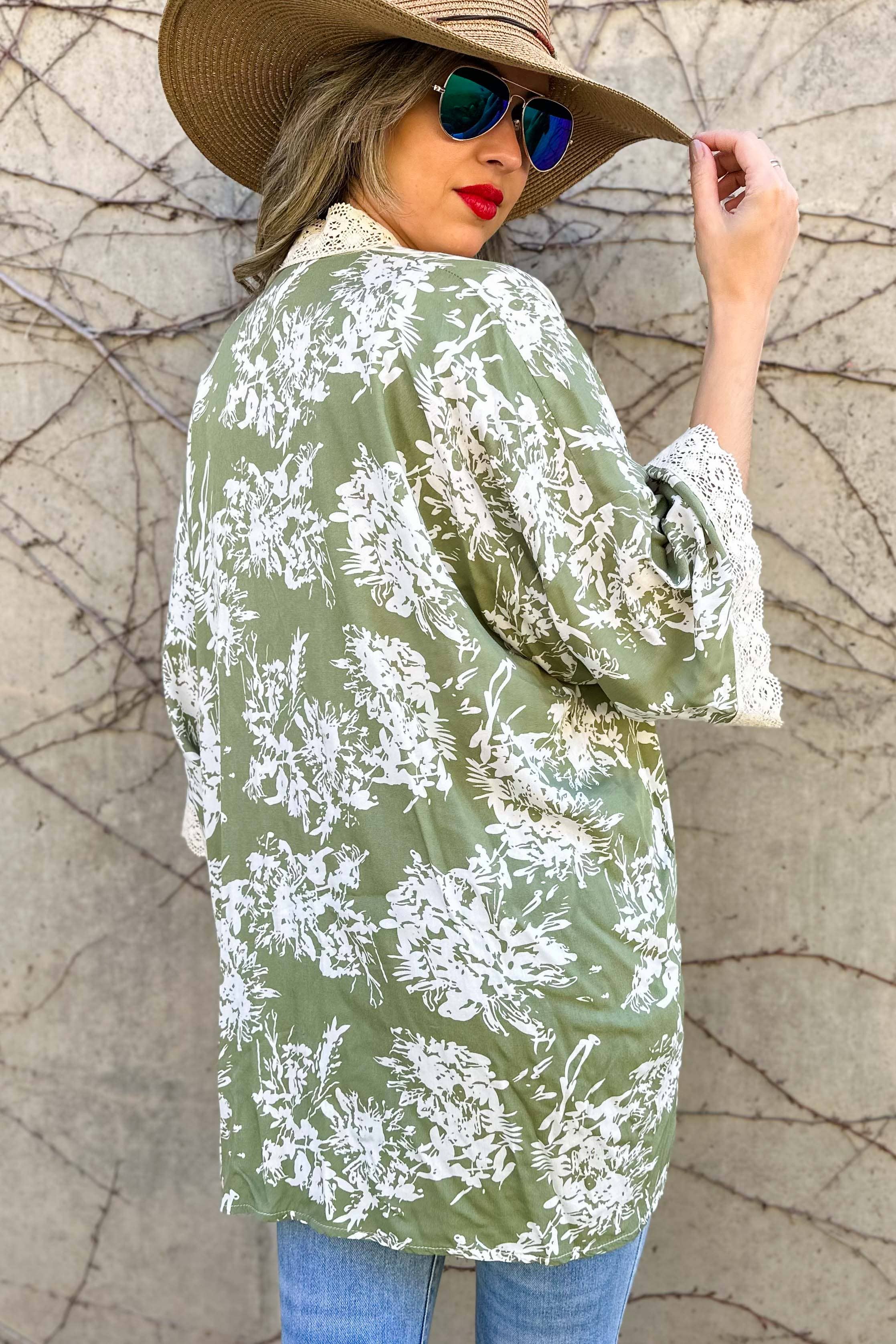 Olive Floral Print Lace Detail 3/4 Sleeve Kimono Cardigan
