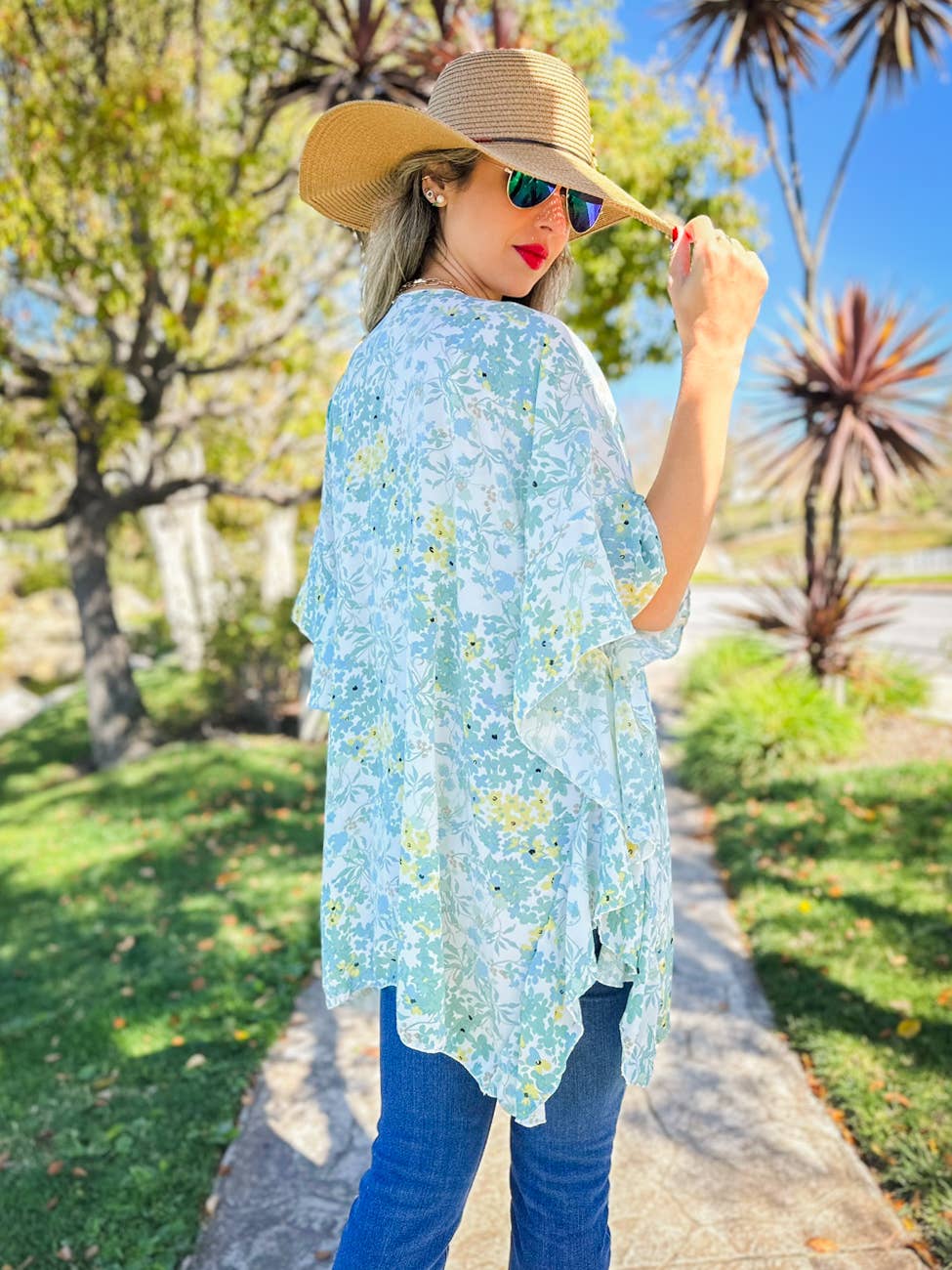 Sage Floral Printed Ruffle Sleeve Kimono Cover Up