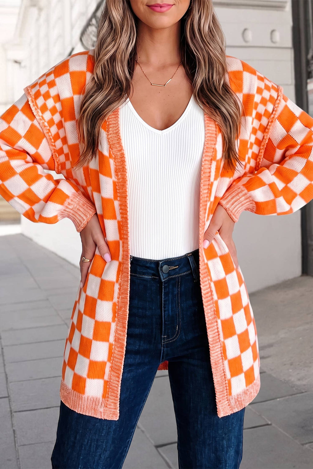 Checkered Open Front Drop Shoulder Cardigan | S-XL