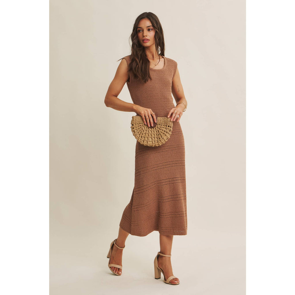 MINIMAL MUSE DROP SHOULDER FITTED TEXTURED KNIT MIDI DRESS