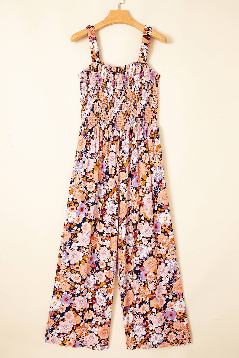 Spring Floral Print Smocked High Waist Square Neck Jumpsuit