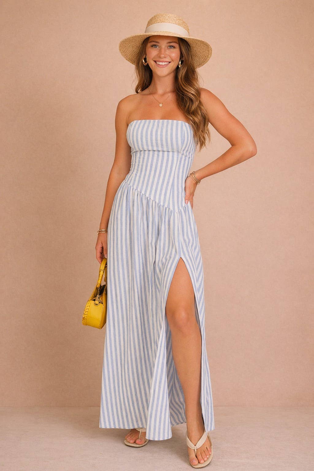 Striped Strapless Side Slit Maxi Dress