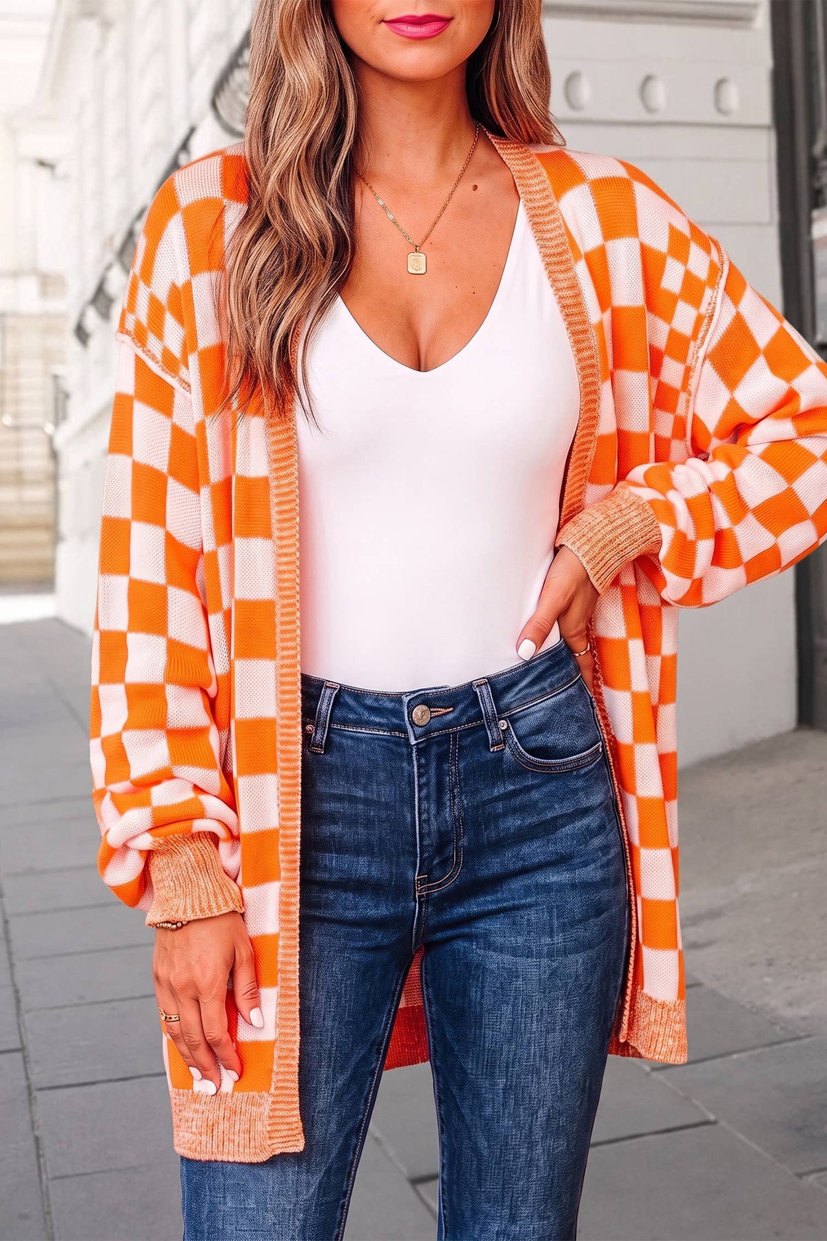 Checkered Open Front Drop Shoulder Cardigan | S-XL