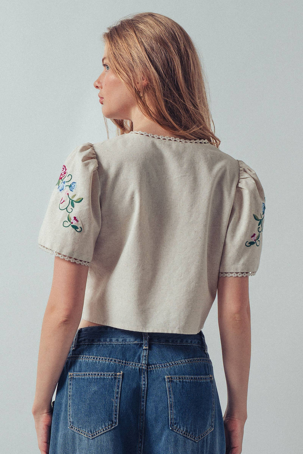 Embroidered Tie-Front Boho Crop Top