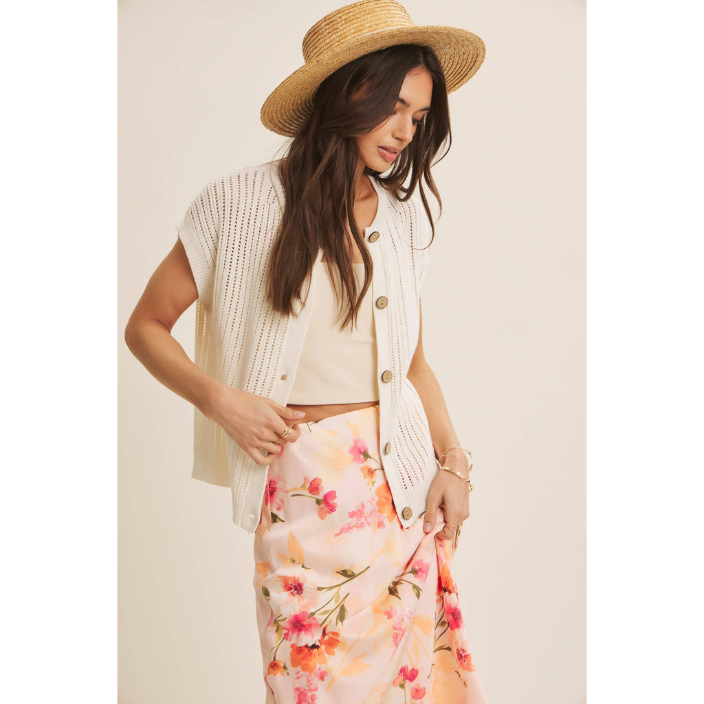 BREEZY NATURAL COTTON OPEN KNIT BUTTON-DOWN SWEATER VEST