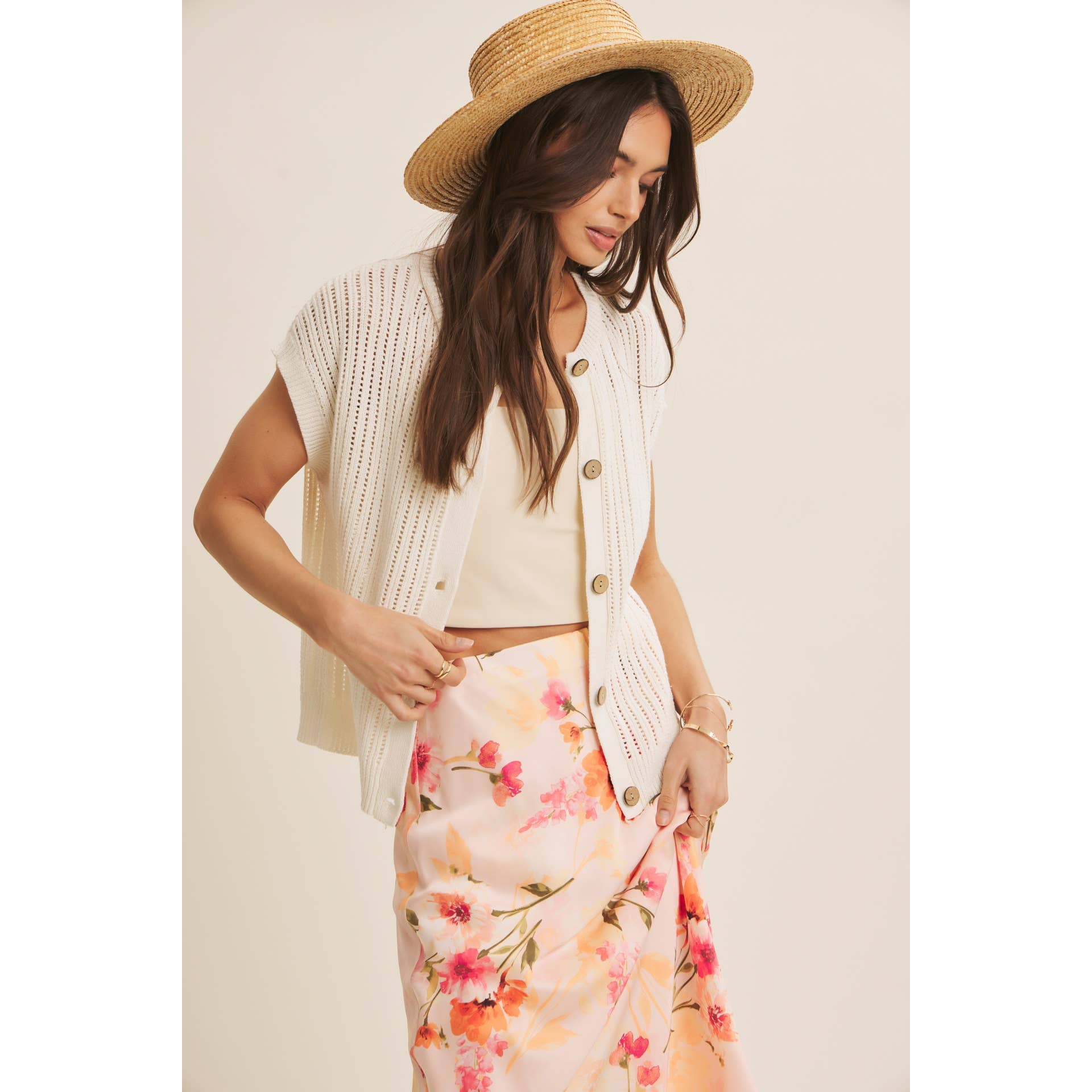 BREEZY NATURAL COTTON OPEN KNIT BUTTON-DOWN SWEATER VEST