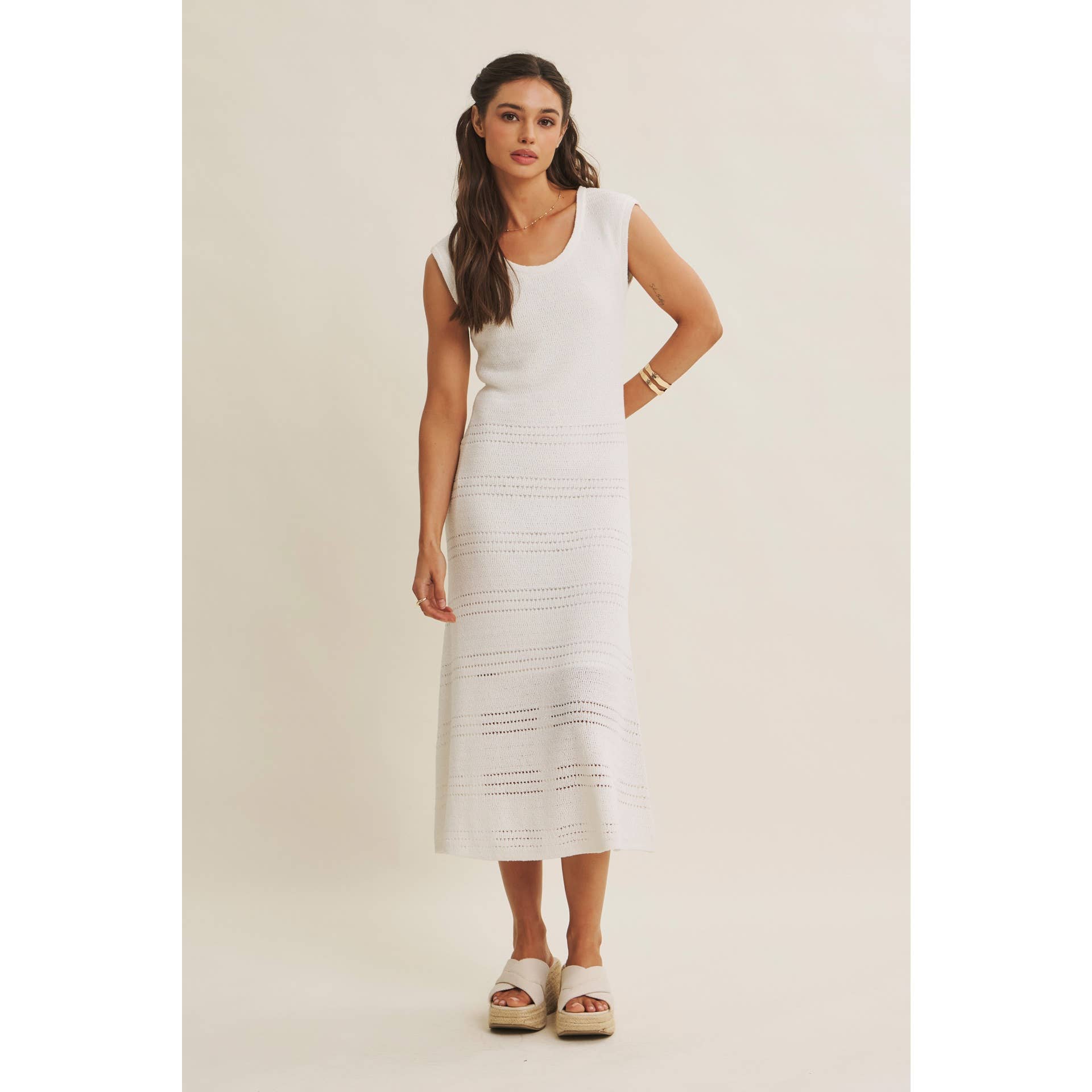 MINIMAL MUSE DROP SHOULDER FITTED TEXTURED KNIT MIDI DRESS