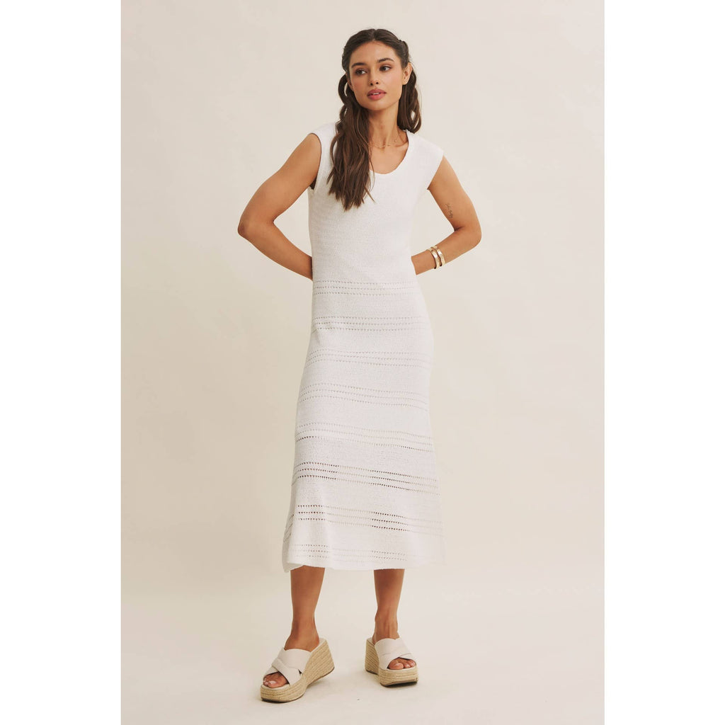 MINIMAL MUSE DROP SHOULDER FITTED TEXTURED KNIT MIDI DRESS