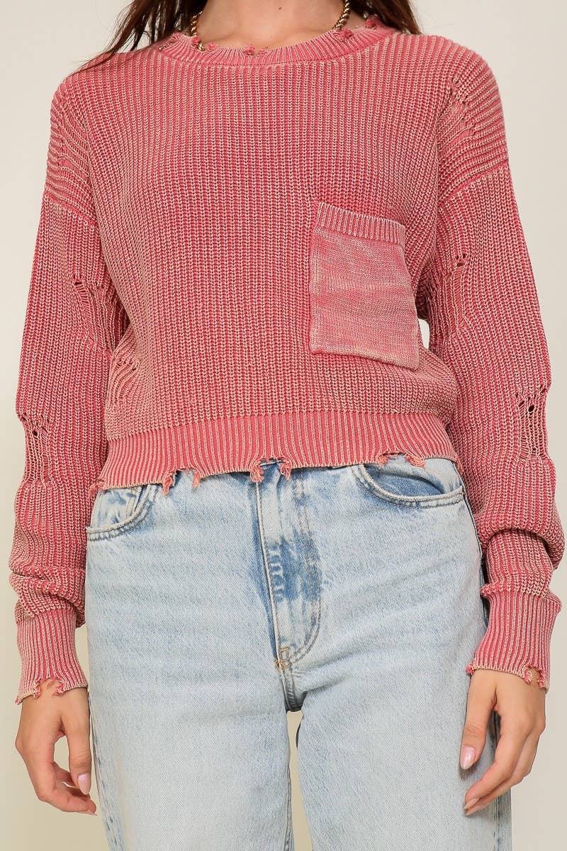 Cropped Mineral Wash Distressed Sweater