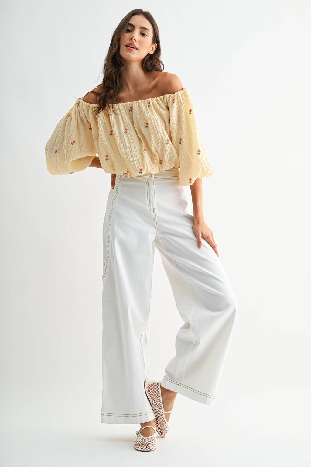 Off-Shoulder Floral Embroidered Blouse