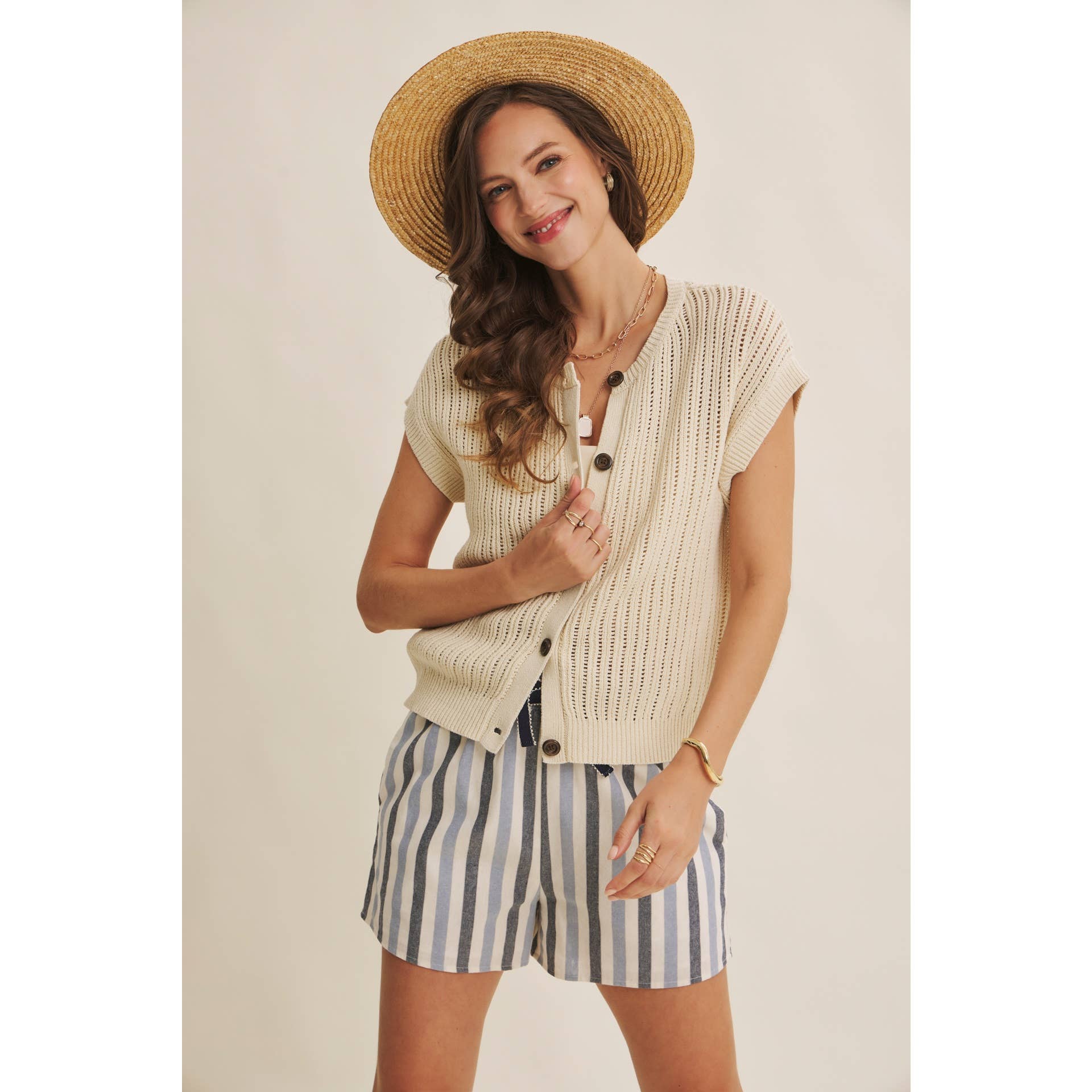 BREEZY NATURAL COTTON OPEN KNIT BUTTON-DOWN SWEATER VEST