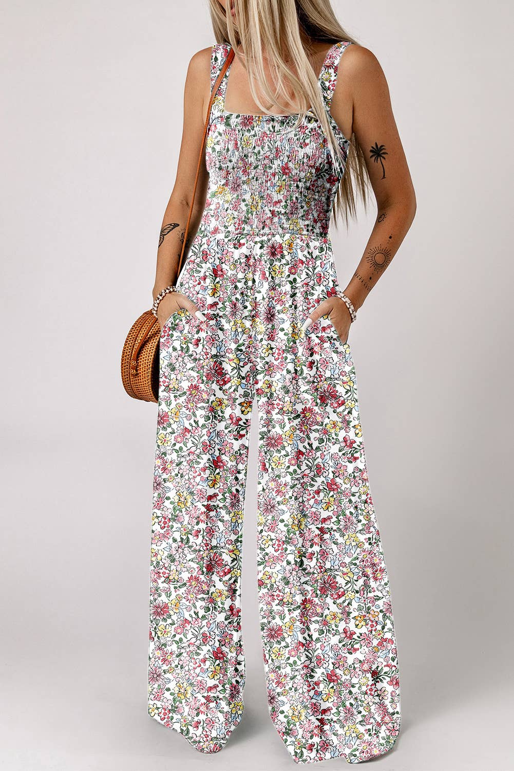 Spring Floral Print Smocked High Waist Square Neck Jumpsuit