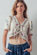 Embroidered Tie-Front Boho Crop Top